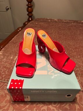 Ninety Union Red Patent Open-Toe Sculpted-Heel Mules